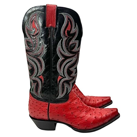 Justin Women’s Red & Black Ostrich Leather Cowboy Boots Size 10 Western Cowgirl - Picture 10 of 11